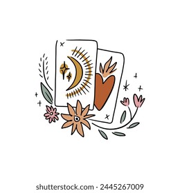 Vector line contour whimsical minimalist mystical tarot cards logo or label. Trendy minimalist print, good for magic shop decor, illustration for t-shirt, clothing, digital decor, leaflet. Valentines