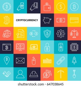 Vector Line Cryptocurrency Icons. Thin Outline Bitcoin Symbols over Colorful Squares.