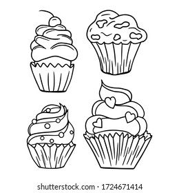 Vector line cupcakes set on white background