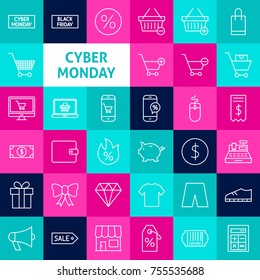 Vector Line Cyber Monday Icons. Thin Outline Sale Symbols over Colorful Squares.