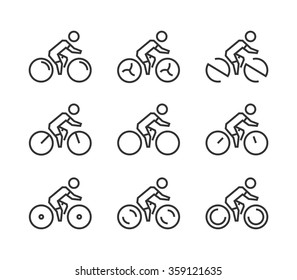 Vector line cycling icon set. Cyclist silhouette figures. Sport symbol, label and badge.