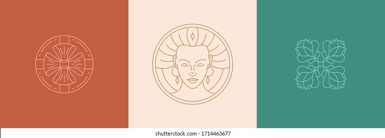 Vector line decoration design elements set - female face and rose illustrations simple linear style. Bundle mystical outline graphics for logo emblem cosmetics brand and beauty salon