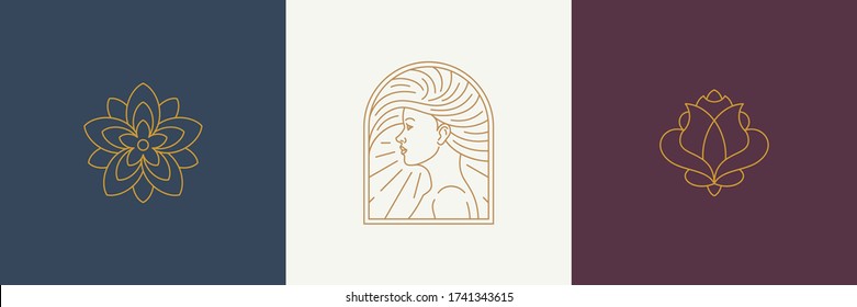 Vector Line Decoration Design Elements Set - Female Face And Rose Illustrations Simple Linear Style. Collection Trendy Outline Graphics For Logo Emblem Cosmetics Brand And Beauty Salon