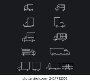 Vector line delivery truck icon set. Outline transportation symbol and service package business. Logistic cargo container van and industry shipment car. Export and tracking deliver