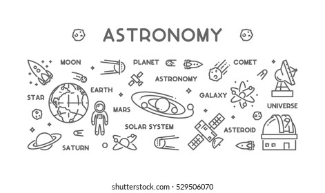 Vector line design concept for astronomy. Modern linear horizontal web banner for space. Outline background for universe.