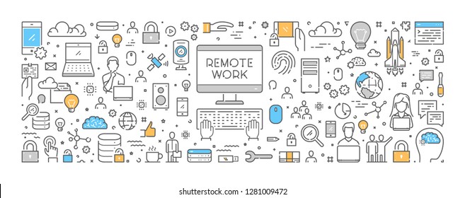 Vector line design concept for remote work. Creative style banner for freelance. Open path.