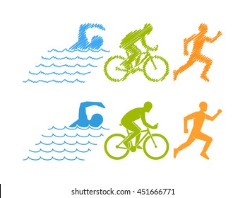 Vector line design concept for triathlon. Colored linear silhouette triathlete. Open path.