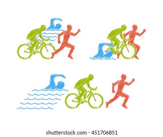 Vector line design concept for triathlon. Colored linear silhouette triathlete. Open path.