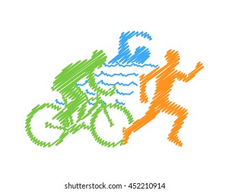 Vector Line Design Concept For Triathlon. Colored Linear Silhouette Triathlete. Open Path.