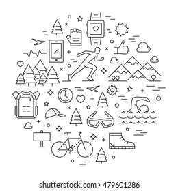 Vector line design concept for triathlon. Linear creative style web banner. Open path.