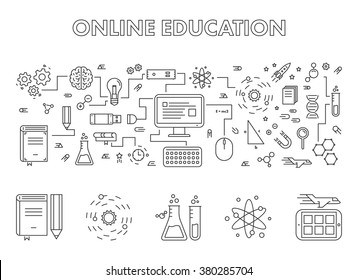 Vector line design concept web banner for online education. Modern linear horizontal banner for e-learning. Line creative style concept for web.