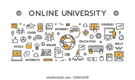 Vector line design concept web banner for online university.