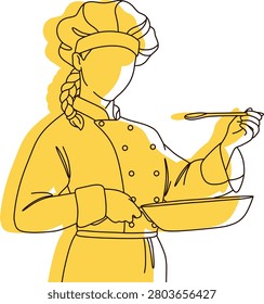 Vector Line Design of Female Chef Tasting Food While Cooking	