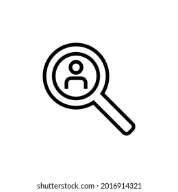 vector line design single isolated icon, pictogram. Hand holding magnifying glass and person in it.