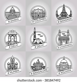 vector line dhaka, colombo, bangkok, delhi, hyderabad, hyderabad, bangalore, kalkata, badge set