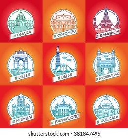 vector line dhaka, colombo, bangkok, delhi, hyderabad, hyderabad, bangalore, kalkata, badge set