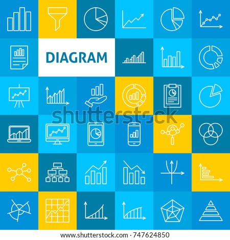 Vector Line Diagram Icons. Thin Outline Business Analytics Symbols over Colorful Squares.
