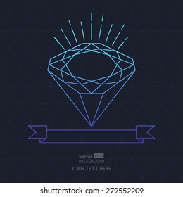 Vector line diamond stone and ribbon with place for text. Hipster style jewelry illustration with seamless triangle pattern. Abstract blue, purple and black background.