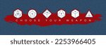 Vector line dice set 20, 12, 10, 8, 6 sided. Board games. Text: Choose your weapon. Blue background with leaves.