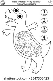 Vector line dinosaur color by number activity with T-rex and food in his stomach. Prehistoric black and white counting game. Simple coloring page for kids with tyrannosaur and what he has eaten
