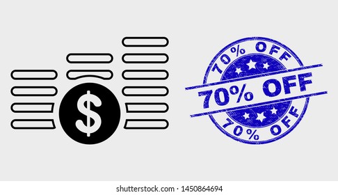 Vector line dollar coin stacks pictogram and 70% Off seal. Blue round textured seal with 70% Off phrase. Black isolated dollar coin stacks pictogram in linear style.