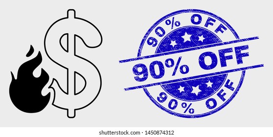 Vector line dollar fire pictogram and 90% Off watermark. Blue rounded textured stamp with 90% Off caption. Black isolated dollar fire pictogram in line style.