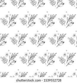 Vector line doodle flowers bouquet seamless pattern. Black and white line art coloring page illustration.