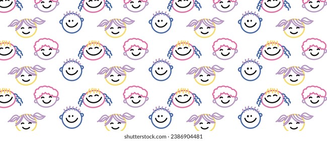 Vector  line doodle funny children face colorful seamless pattern background