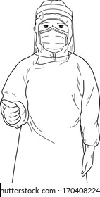 vector line draw doctor wear personal protective equipment, surgical mask, face shield,gloves, coverall cloths and waterproof surgical gown for infectious disease outbreaks protection during surgery