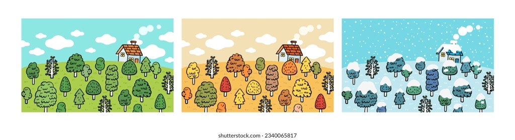 vector line draw field with small house with different season, spring, autumn, fall, winter, snow