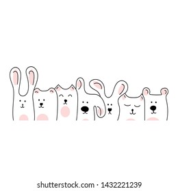 Vector line drawing animals. Doodle illustration. Cute Bear, hare, cat, dog. Birthday, children's party , Friendship day.