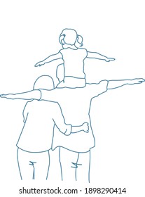 Vector Line drawing of the back of a family of 3. Dad give daughter a piggyback. 