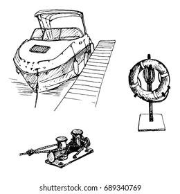 Vector Line Drawing Boat And Life Buoy, Hand Drawn Illustration