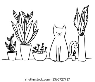 vector line drawing cat in garden, tree pot room decor, green life 