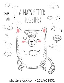 Vector line drawing cat with slogan about friend. Doodle illustration. Friendship day, Valentine's, anniversary, baby shower, birthday, children's party