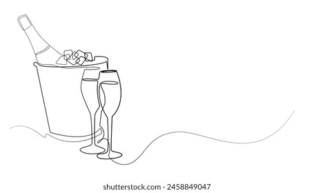 vector line drawing Champagne Bottle Wine Bucket Alcoholic drink.single line on white background