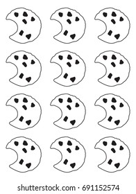 A vector line drawing of chocolate chip cookies.
