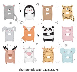 Vector line drawing collection of animals. Doodle illustration. Friendship day, Valentine's, anniversary, baby shower, birthday, children's party