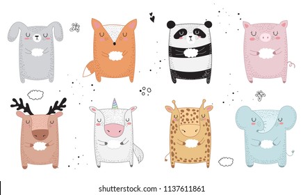 Vector line drawing collection of animals. Doodle illustration. Friendship day, Valentine's, anniversary, baby shower, birthday, children's party