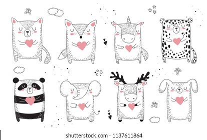 Vector line drawing collection of animals. Doodle illustration. Friendship day, Valentine's, anniversary, baby shower, birthday, children's party