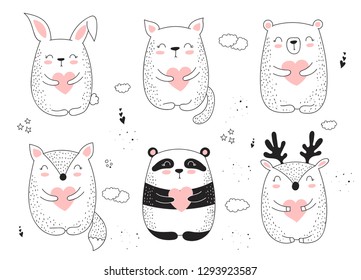 Vector line drawing collection of cute animals with hearts. Doodle illustration. Valentine's day, anniversary, baby shower, birthday, children's party

