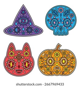 Dibujo de línea de Vector y colorear ilustración de Elementos de festival de Halloween sobre fondo blanco