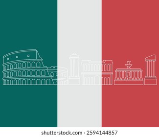 A vector line drawing of the Colosseum with a Rome backdrop, set against an Italian flag background