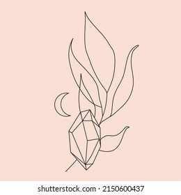 vector line drawing of  crystals with flowers. isolated on white background simple drawing of crystal, mineral. Botanical mineral cosmetics logo