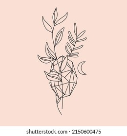 vector line drawing of  crystals with flowers. isolated on white background simple drawing of crystal, mineral. Botanical mineral cosmetics logo