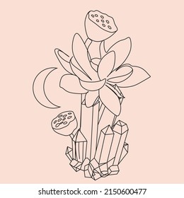 vector line drawing of  crystals with flowers. isolated on white background simple drawing of crystal, mineral. Botanical mineral cosmetics logo