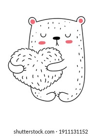 Línea de vectores dibujando un oso lindo con el corazón. Ilustración del doodle. Vacaciones, ducha de bebé, cumpleaños, fiesta infantil, tarjetas de felicitación, decoración de guardería