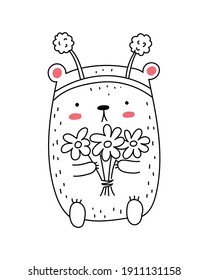 Vector line drawing cute bear with flowers. Doodle illustration. Holidays, baby shower, birthday, children's party, greeting cards, nursery decoration