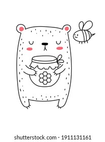 Vector line drawing cute bear with honey and bee. Doodle illustration. Holidays, baby shower, birthday, children's party, greeting cards, nursery decoration