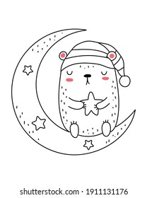 Vector line drawing cute bear with moon and stars. Doodle illustration. Holidays, baby shower, birthday, children's party, greeting cards, nursery decoration